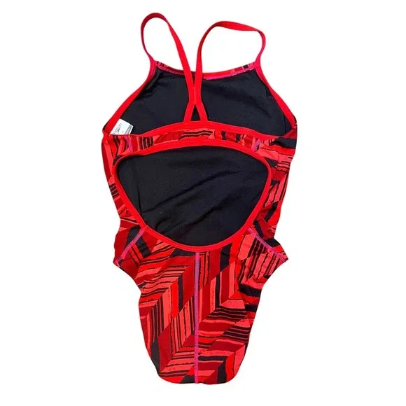 Speedo Endurance+ Angles Free Back One Piece Swimsuit Red Black Chevron Size 28 - Picture 3 of 10